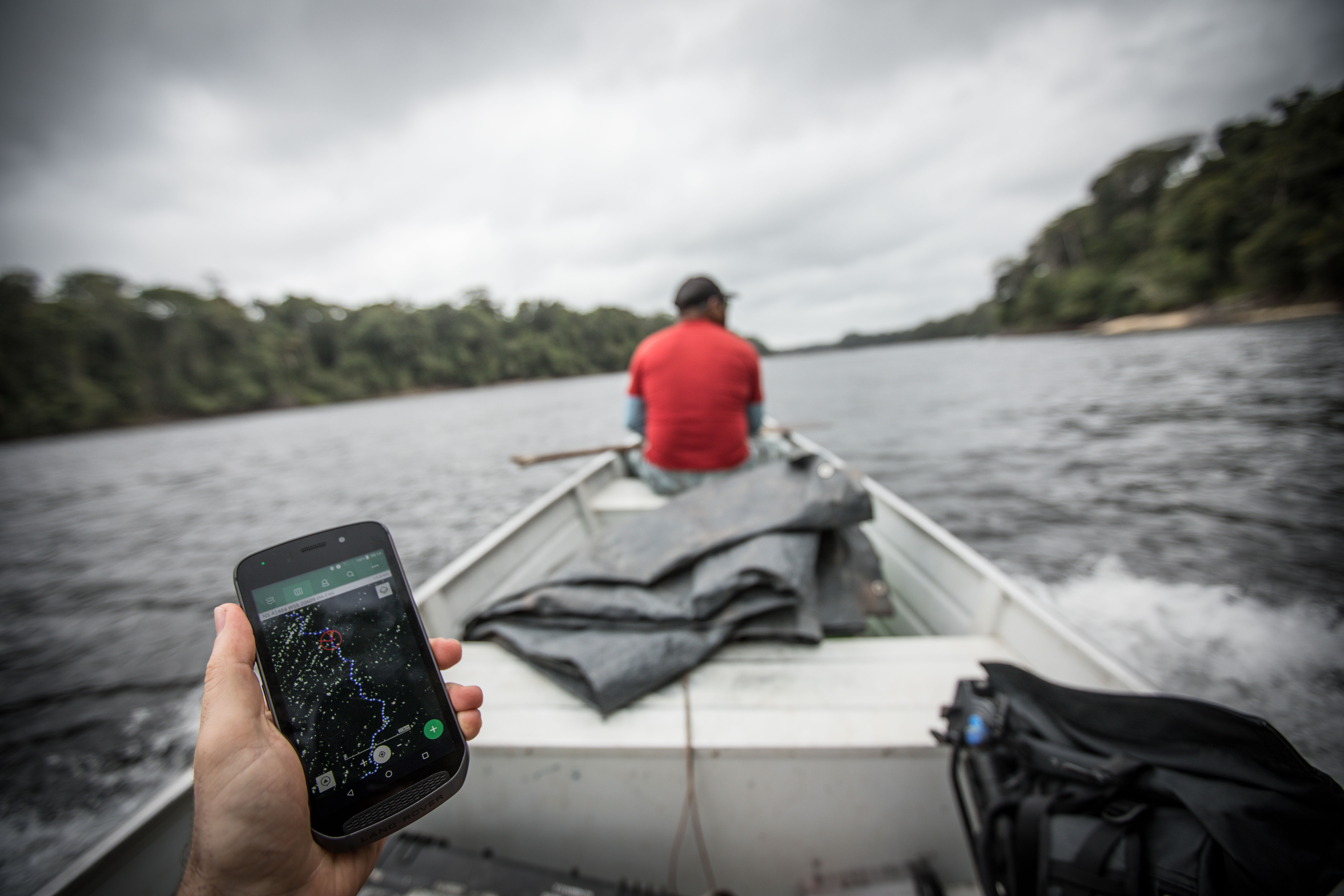 The Explore phone in use on the Essequibo river